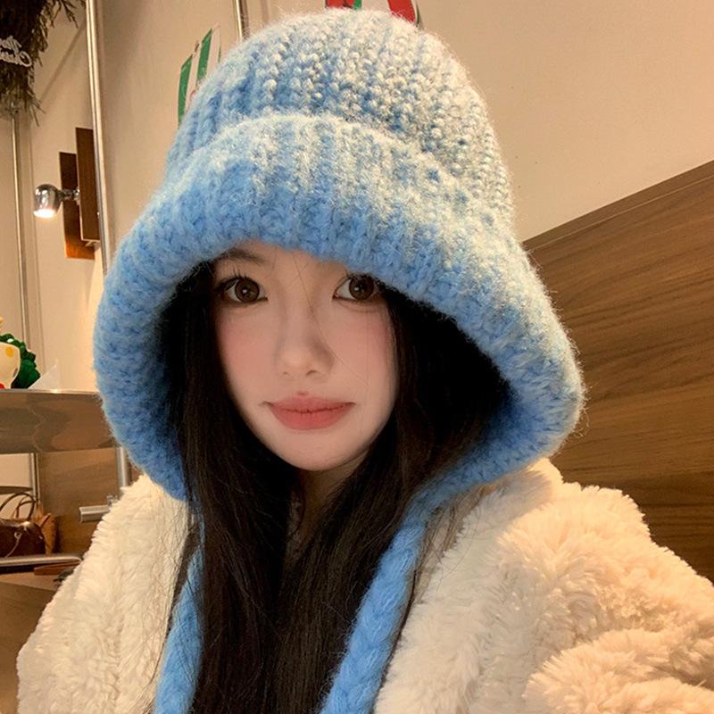 Синяя балаклава женская осенне-зимняя теплая защита ушей вязаная шерстяная шапка, подчеркивающая маленькое лицо и ветрозащитная шапка-мешок для головы