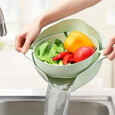 Двухслойная вращающаяся корзина для мытья фруктов и овощей - Прочная пластиковая конструкция, безопасная для пищевых продуктов, с дренажными отверстиями, компактный органайзер для кухонной раковины