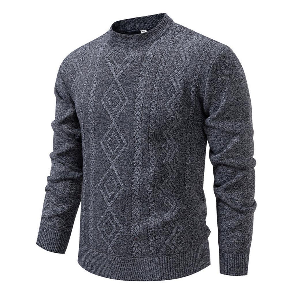 Men's Solid Color Textured Sweater Plus Velvet Thickened Casual Round Neck Warm Knitted Pullover