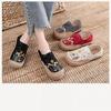 Johnature Flats Women Shoes Embroider Retro Lace-up Round Toe Cotton Linen Handmade Concise Comfortable Ladies Shoes