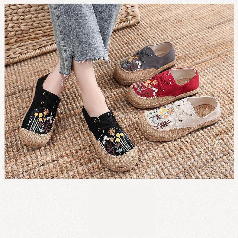 Johnature Flats Women Shoes Embroider Retro Lace-up Round Toe Cotton Linen Handmade Concise Comfortable Ladies Shoes
