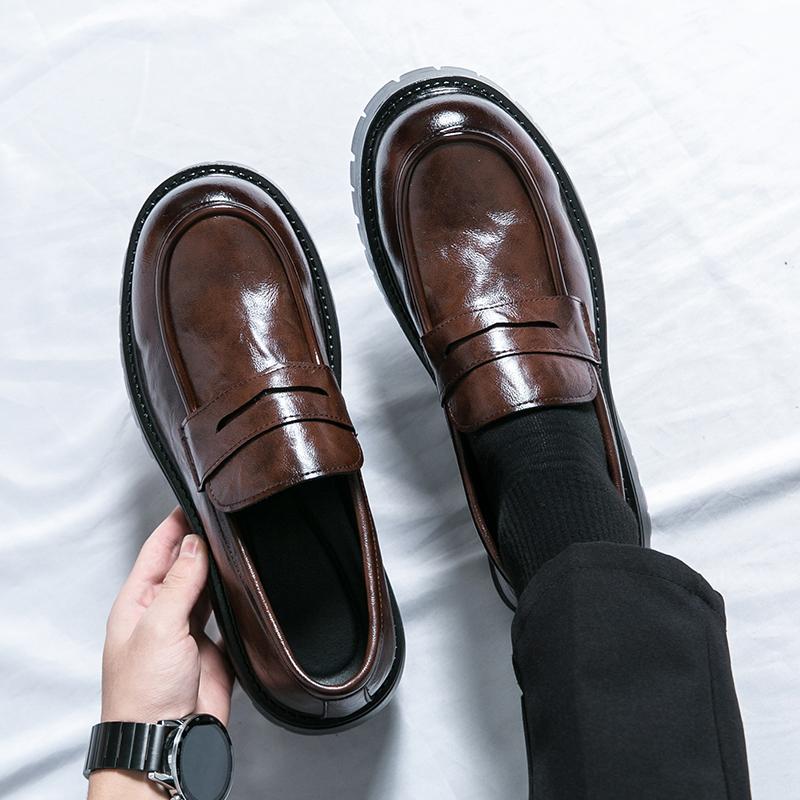 Spring Summer Versatile Thick Soled Round Toe Man Loafers Brown Leather Daily Wedding Fashion Dress Slip-on Party Casual Shoes