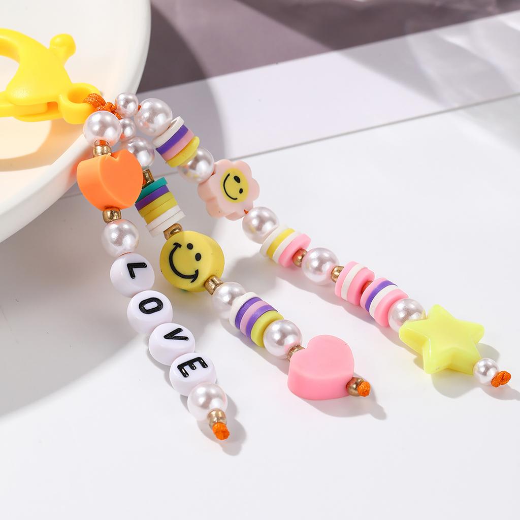 Colorful Bead Keychain Charm for Kids and Students School Bag Pendant Smiling Face and LOVE Letter Beaded Keychain