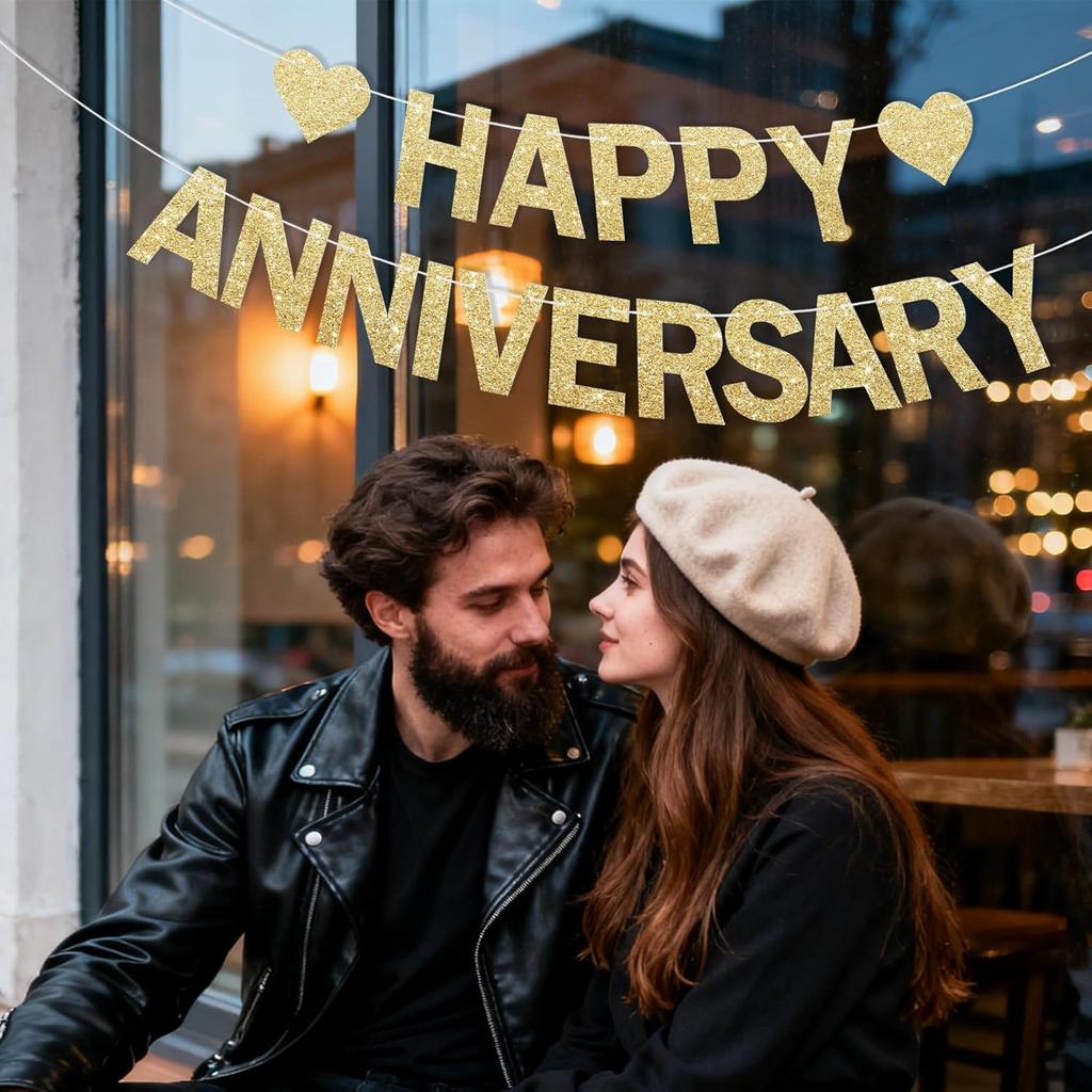 Happy Anniversary Glitter Banner - No DIY - Champagne Gold Happy Anniversary Decorations Banner for Romantic Wedding Birthday Party Decorations