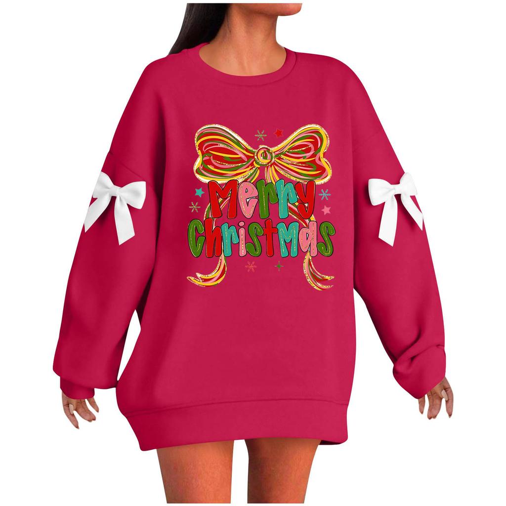 Ladies' Christmas Printed Bow Round Neck Long Sleeved Loose Pullover Sweater Sweatshirt Top