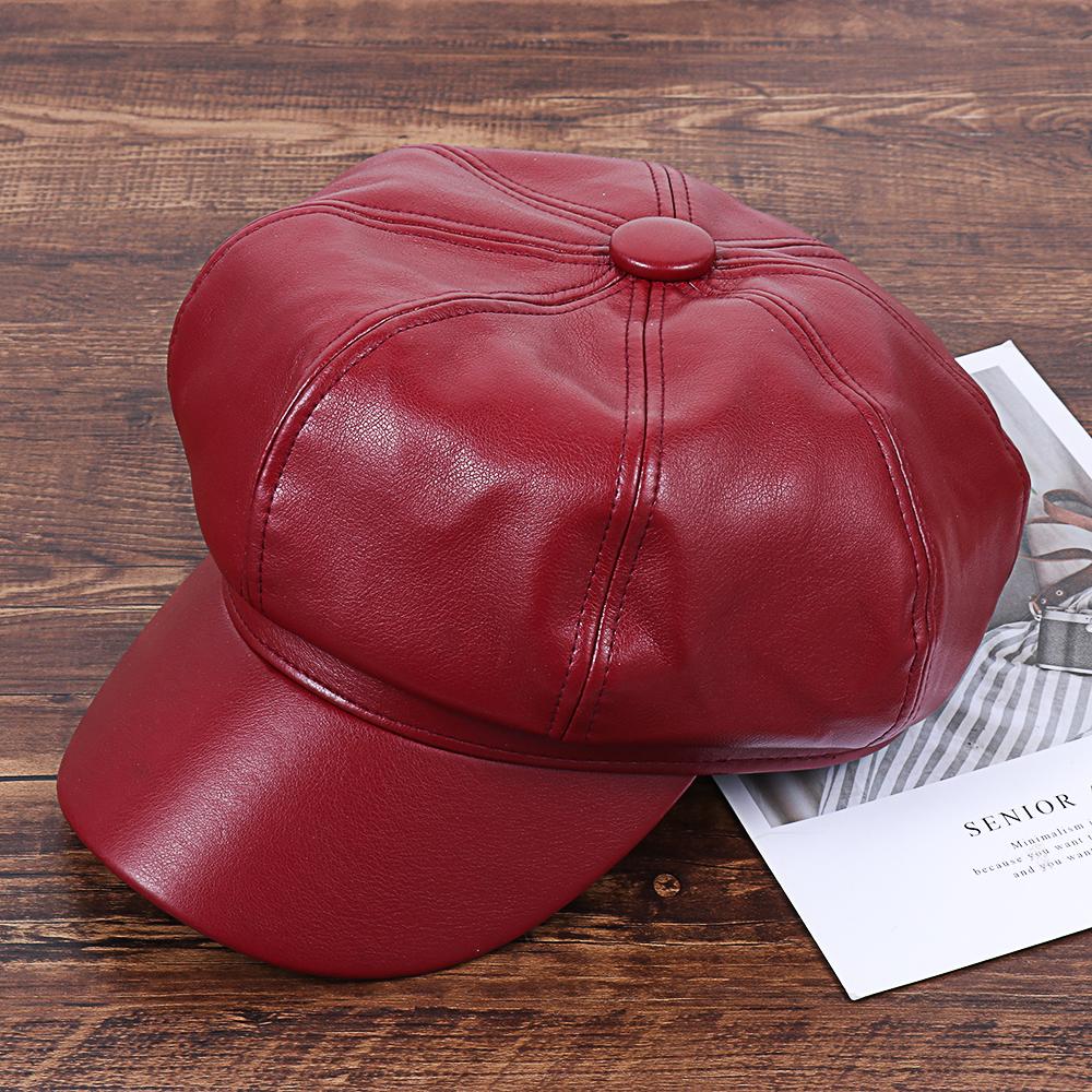Autumn Winter Octagonal New Fashion PU Leather Peaked Cap Newsboy Cap Newsboy Hat Beret Hat