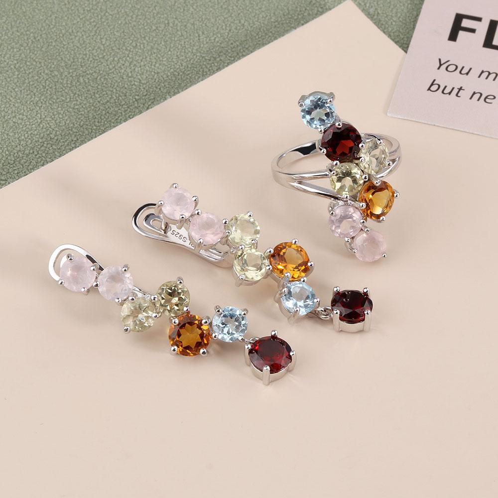 2023 Натуральные необычные цветные драгоценные камни Кольцо Серьги Комплект ювелирных изделий Стерлингового серебра 925 пробы Ювелирные изделия Женский подарок на юбилей, вечеринку, день рождения