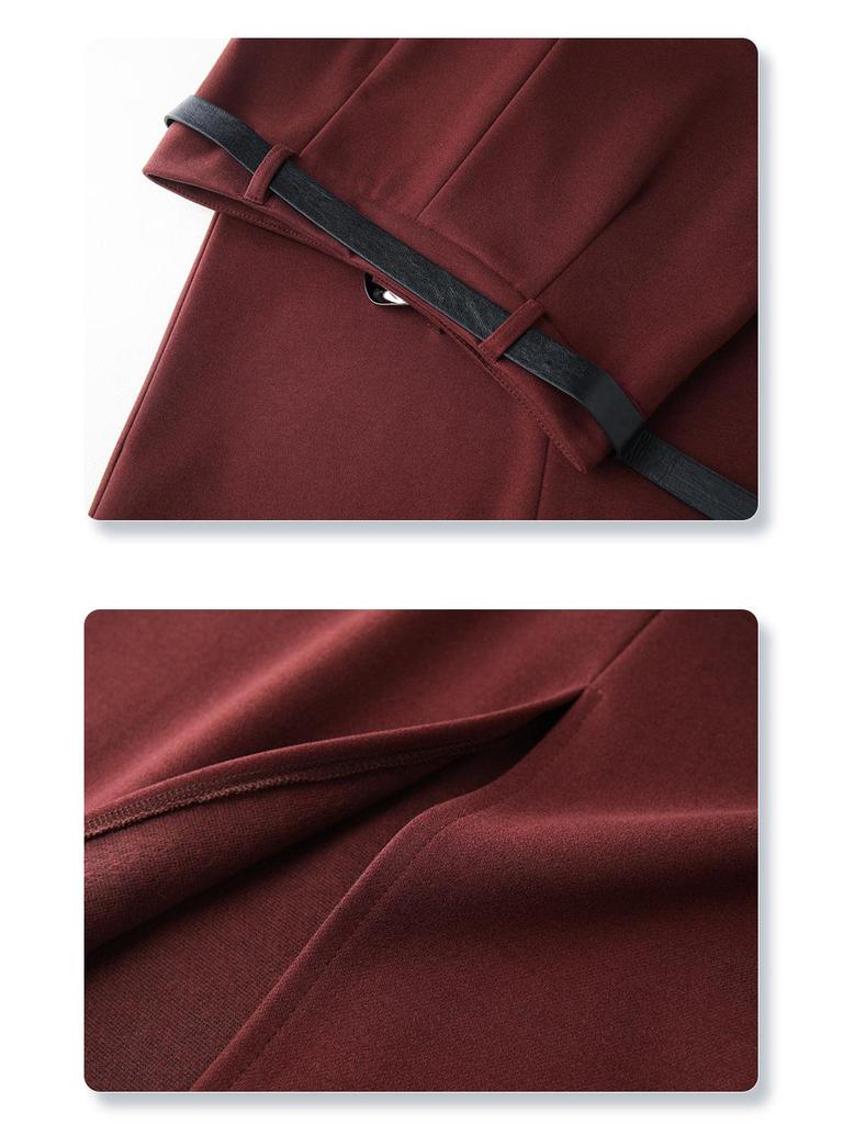 Женская юбка миди из шерсти цвета хаки 2024: Новый осенне-зимний прямой крой, миди длина с разрезом, облегающий дизайн.