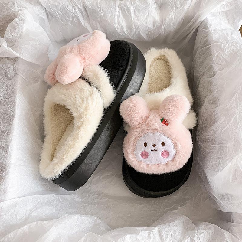 Женские милые мультяшные плюшевые тапочки - Теплые термо хлопковые домашние тапочки на платформе для зимы, Девичьи милые пушистые повседневные комнатные туфли на толстой подошве