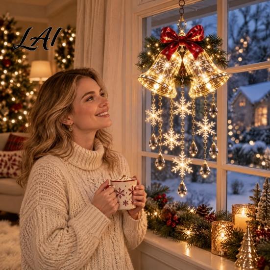 Hanging Seasonal Decor Christmas Bell Chandelier Lighted Deer Decoration with Cascading LED Strands Snowflake Winter Holiday Decorations Sphere
