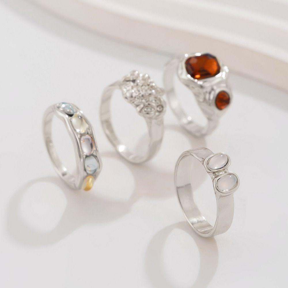 4 pcs Crystal Bracelets Zircon Pleated Open Ring Colorful Vintage Ring Set Girls