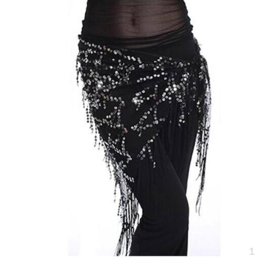 Lady's Belly Dance Sequins Triangle Hip Scarf With Tassel Black