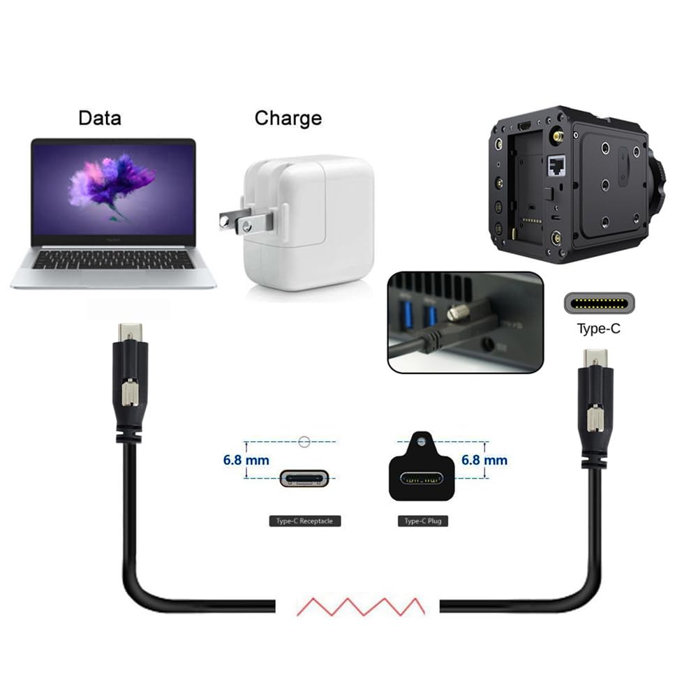 Xiwai Кабель USB - USB с одинарным креплением на панель 10 Гбит/с 65 Вт PD Питание для ноутбуков и Кабель USB 3.1 Type-C USB-C с винтовым замком, Разъем 3.0 3.25A, Данные,
