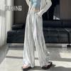 GUJIN Women's High-Waist Hollow Out Ice Silk Wide-Leg Pants