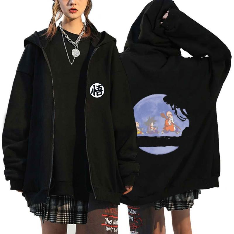Unisex Harajuku Anime Print Zip-Up Hooded Fleece Lined Oversized Sweatshirt Teens Fall