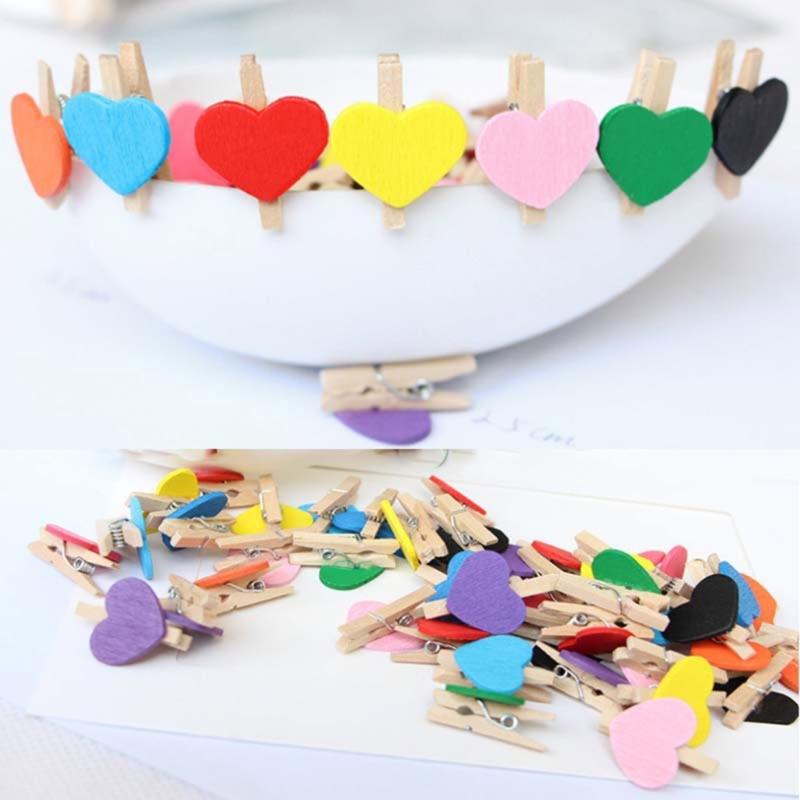 50PCS MultiFunctional Colorful Cute Small Clips Simple Mini Photo Clip Wooden Clips Small Love Heart Pegs Clothespin