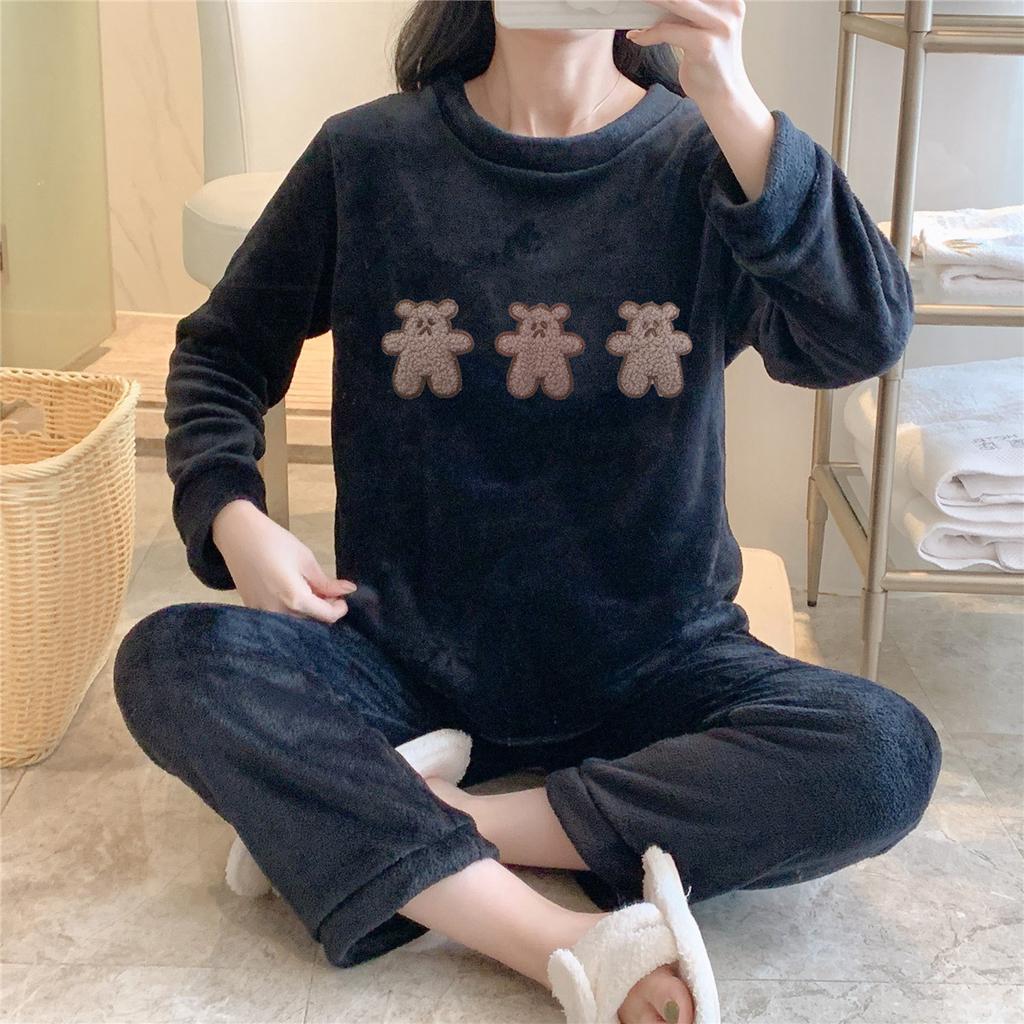 Winter Flannel Warm Pajamas for Wome Thickening Round Neck Long Sleeve Outfits for Women 2 Piece Set Cute Printing Home Wear