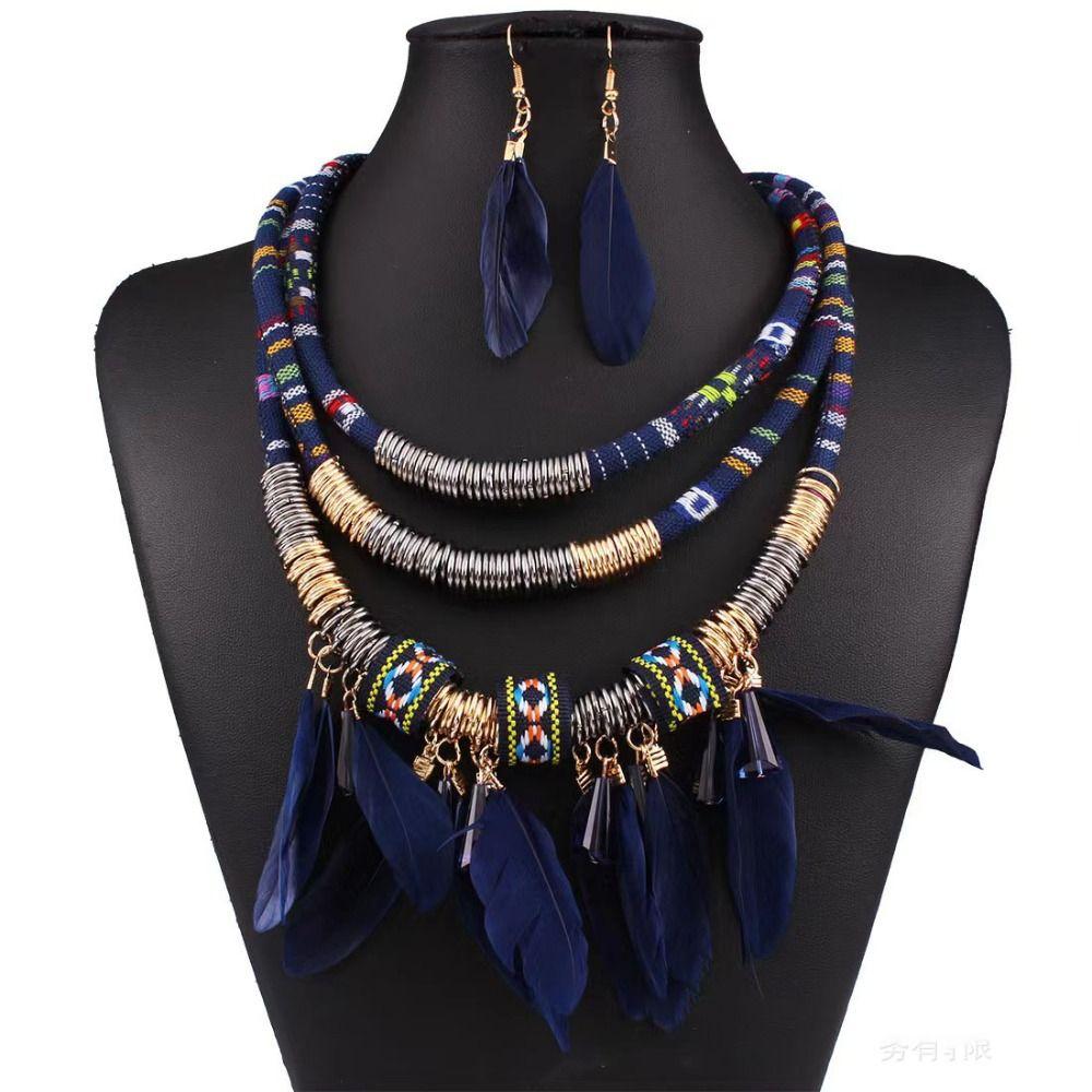 Metal Ethnic Necklace Multilayer Jewelry Sets Exquisite Necklace Earrings Set Women