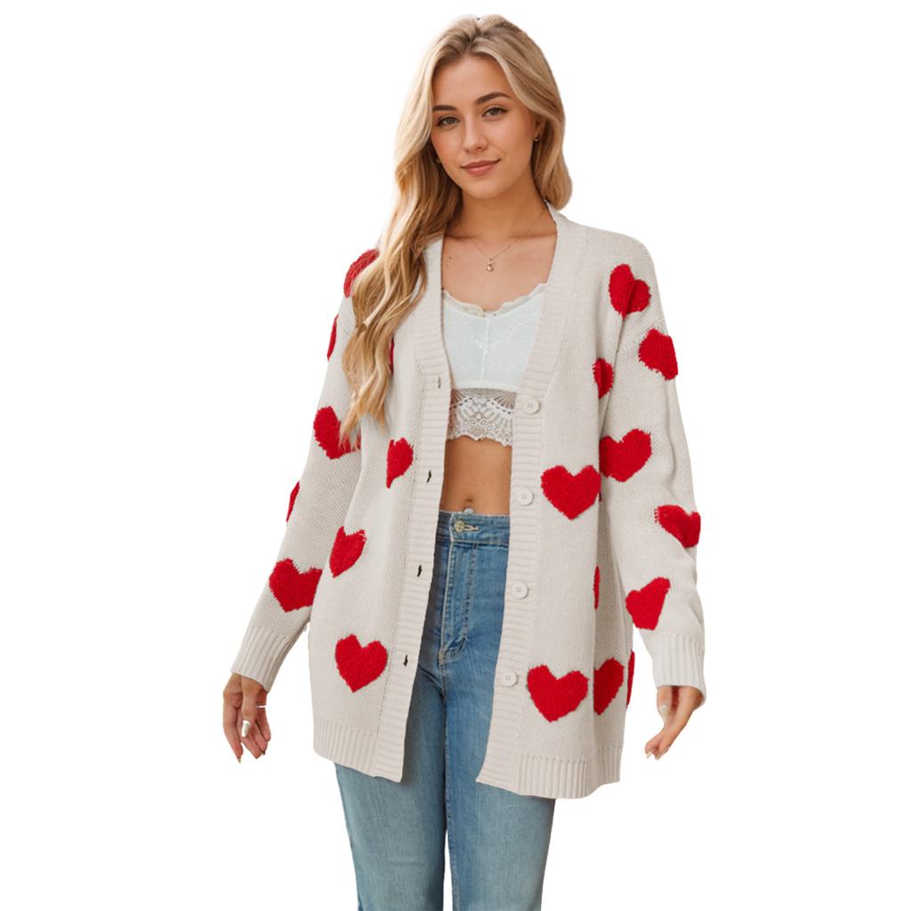 Autumn and Winter Women's Plus Size Sweater Valentine's Day Love Knitted Cardigan V-Neck Button Mid-Length Jacket