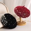 Women Beret Faux Pearl Rhinestone Decor Vintage English Style Woolen Hat No