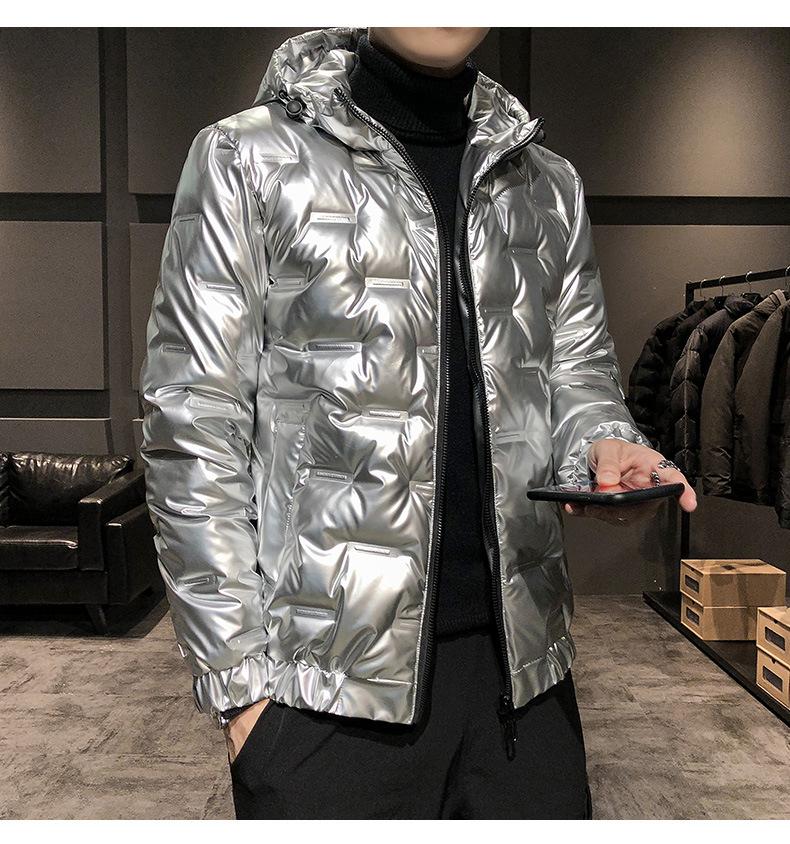 Мужской серебристый блестящий зимний пуховик, мужской теплый короткий белый утиный пух с капюшоном