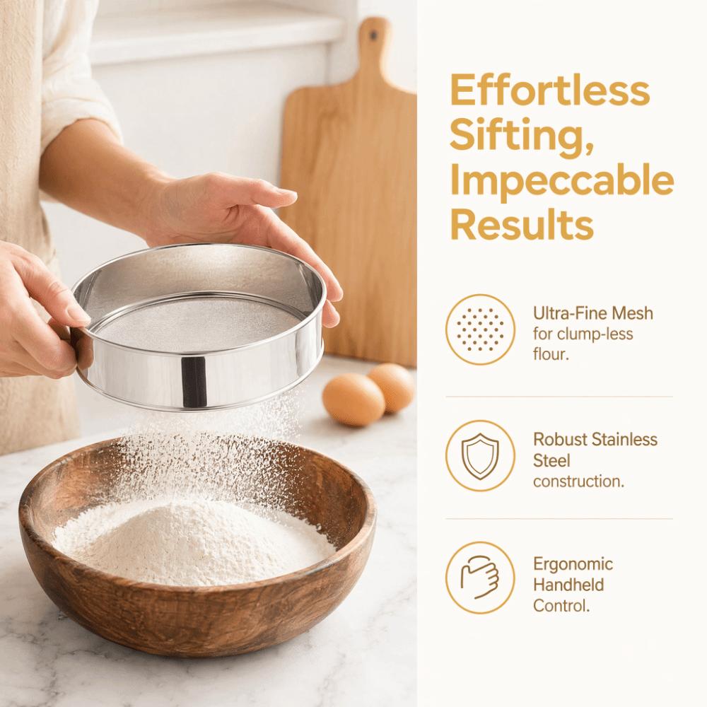 Stainless Steel Fine Mesh Round Handheld Silver Manual Flour Sifter Baking Prep