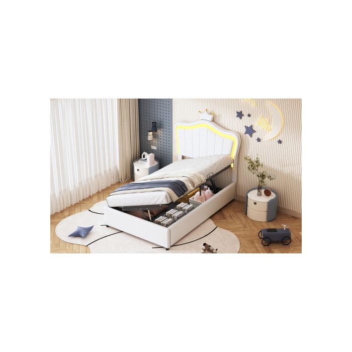 Lit d'enfant - MUVOE - 90x200 cm - Similicuir blanc - Éclairage LED - Rangement hydraulique