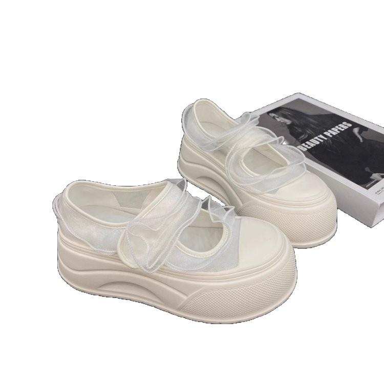 Маленькие 6 см сетчатые туфли-маффины женские 2025 лето толстая подошва увеличивающие рост шнуровка липучка Мэри Джейн