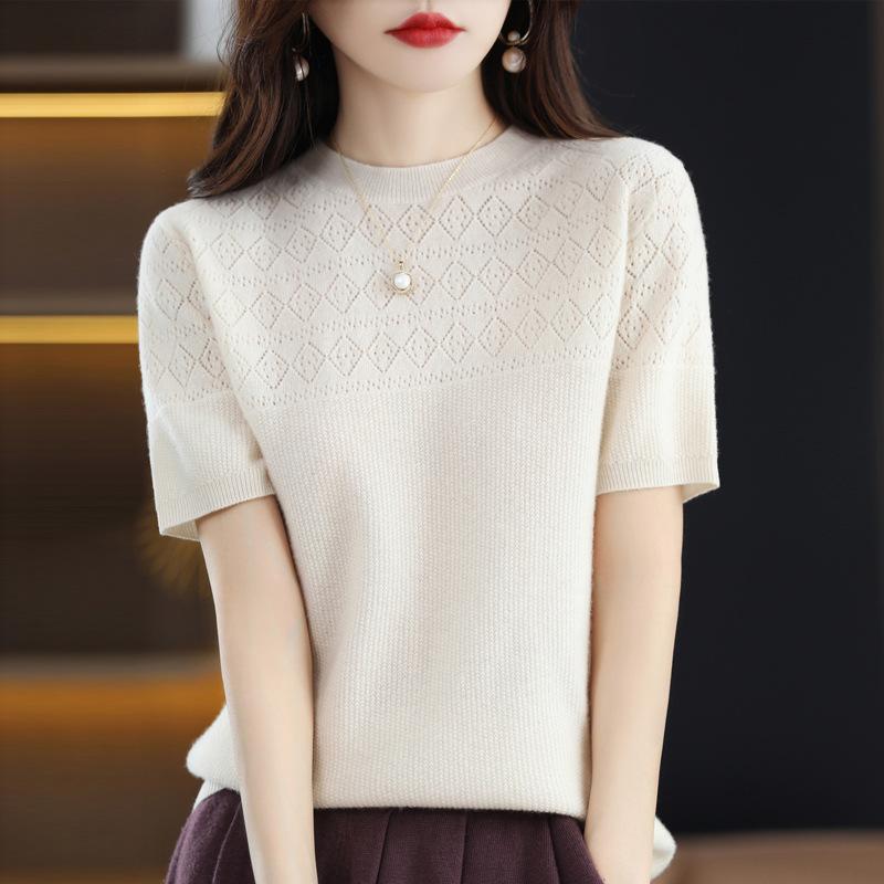 Spring Women's T-shirt Round Neck Knitted T-shirt Solid Colour Hollow Out Tops Knitwear