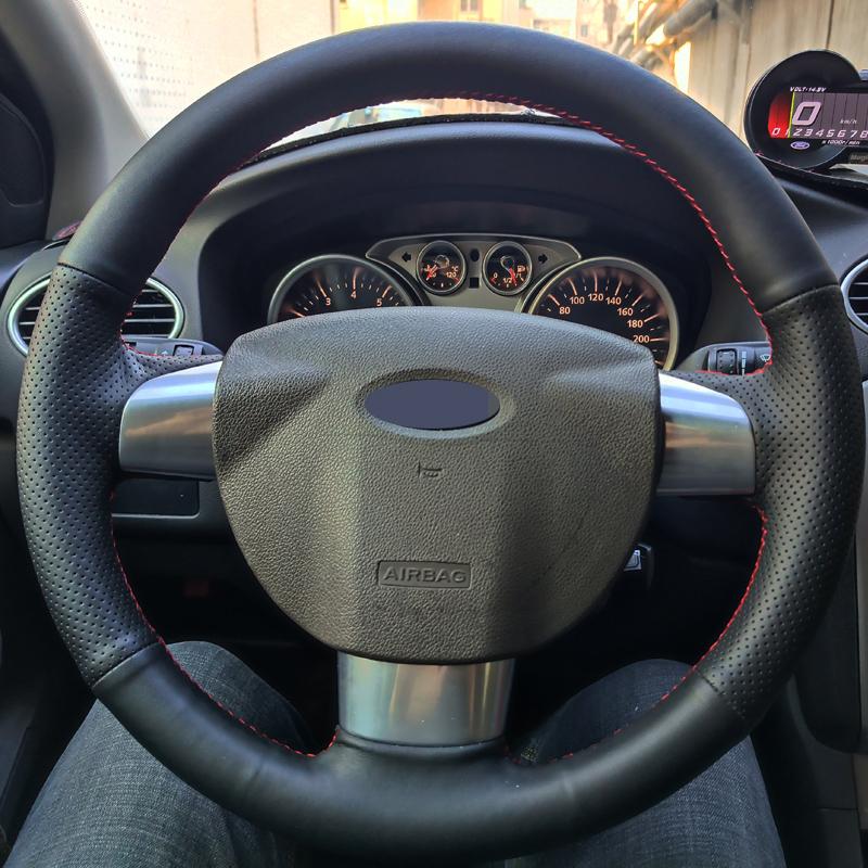 Черный кожаный чехол на руль автомобиля с ручной вышивкой для Ford Focus 2 2005 2006 2007 2008 2009 2010