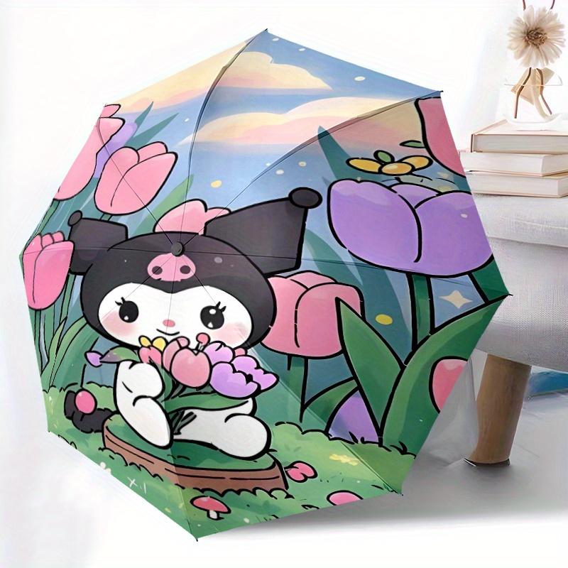 Flowers Kuromi Cartoon Umbrella, Portable 3-Fold Compact Umbrella, Suitable for Camping, Hiking and Travel, Ideal Easter Birthday Gift for Family and