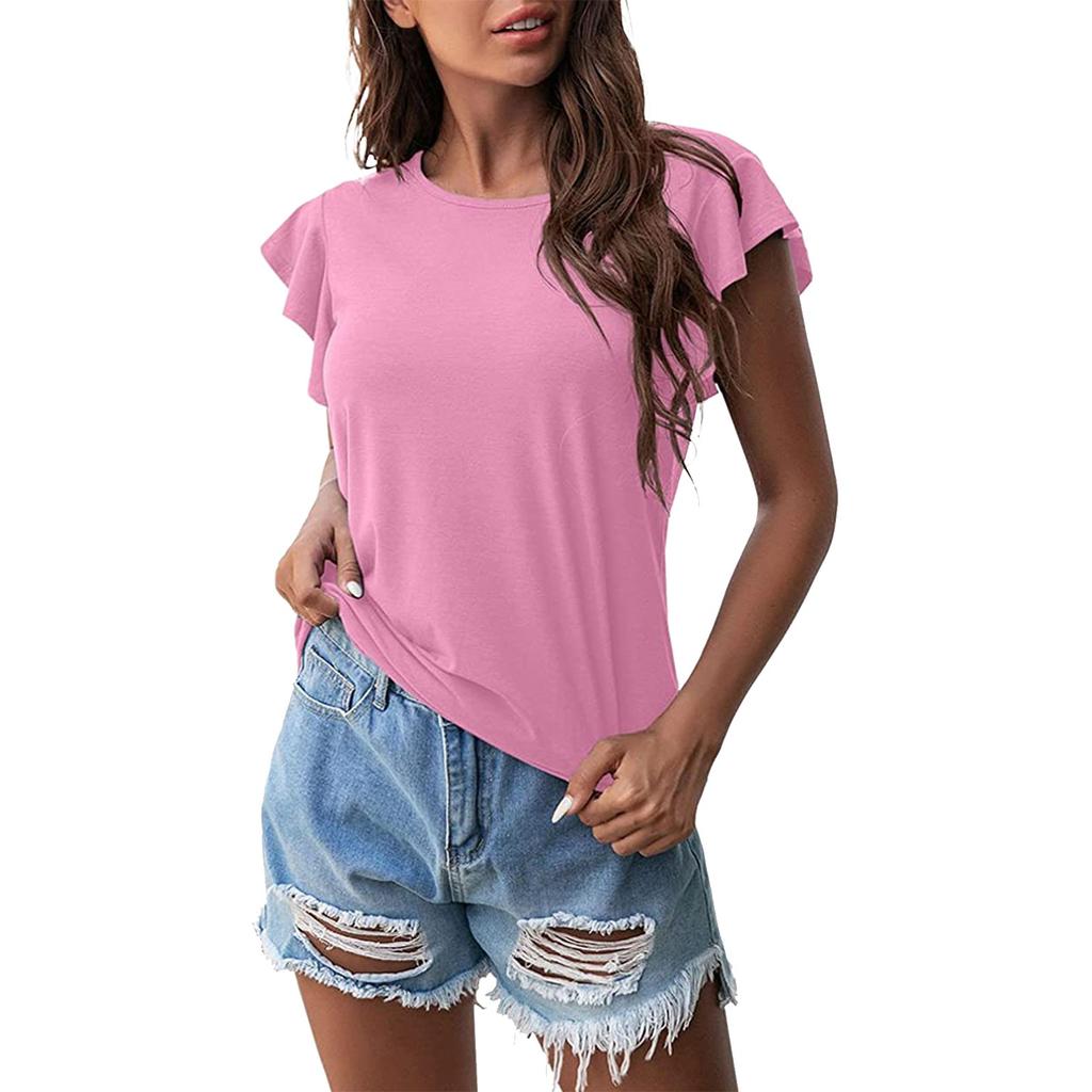 Женская мода с круглым вырезом и рюшами с коротким рукавом, однотонная повседневная футболка