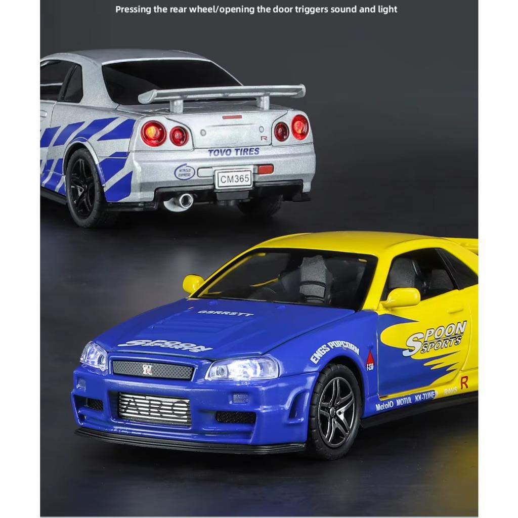 1/32 Nissan GTR34 Skyline GTR игрушечная модель гоночного автомобиля литая миниатюрная модель со звуком и светом инерционная коллекционная подарочная детская для мальчиков