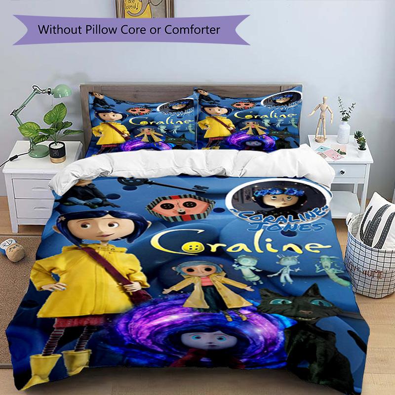3pcs Duvet Cover Set (1*Duvet Cover + 2*Pillowcase, Without Core), Coraline Print Bedding Set, Bedroom Decor, All‑Season, Birthday Gift