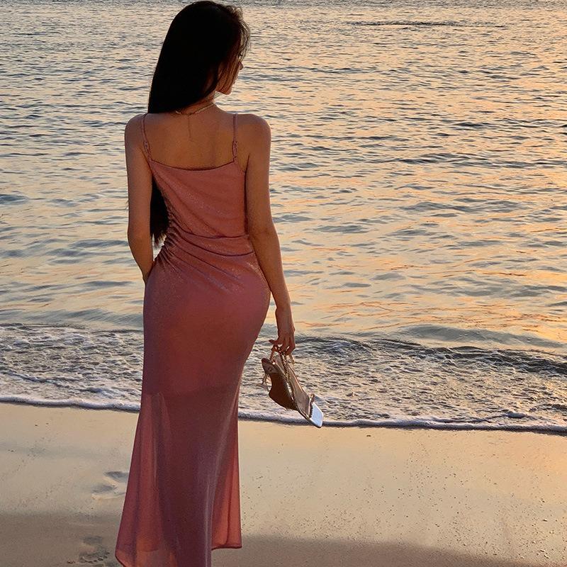 Праздничная Лунная Пудра Французская Вязаная Платье-Сарафан Темперамент Тонкое Вечернее Платье для Ежегодного Собрания Женское Высокий Стиль