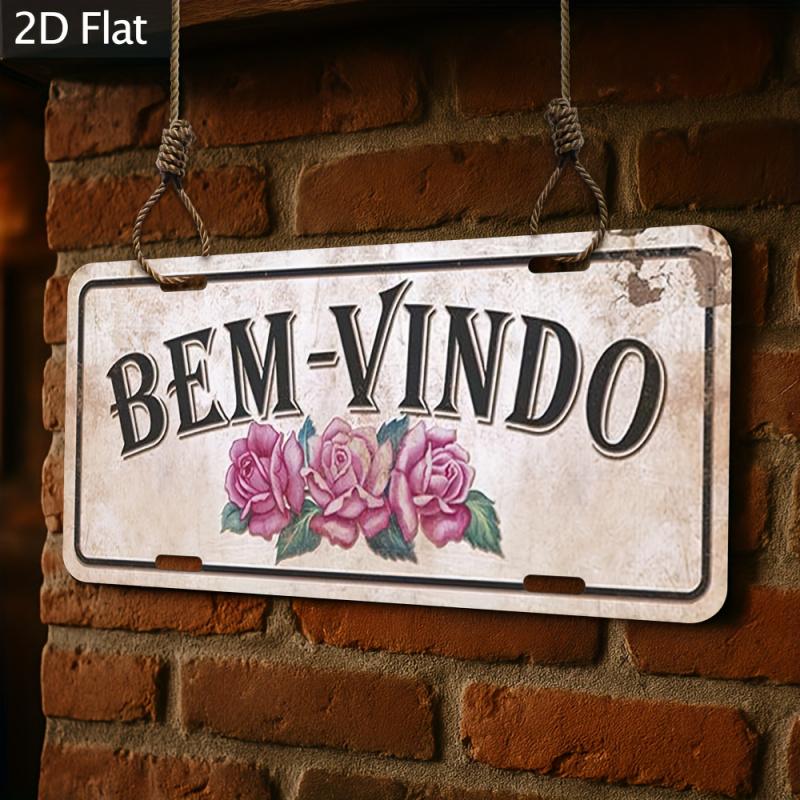 2D Flat Vintage Aluminum Sign -Rustic Wall Decor with "BEM-VINDO" Text & Pink Roses, Ideal for Cafe, Restaurant, Bedroom, Office