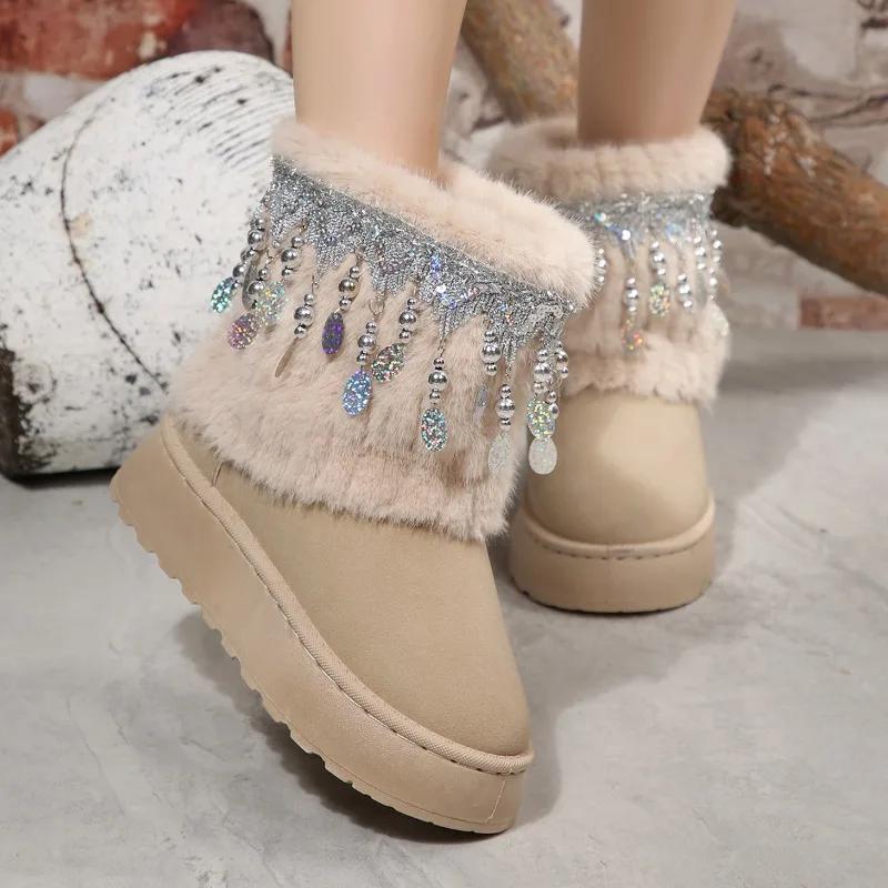 2025 New Golden Tassel Warm Women's Boots with One Foot, Round Toe Plus Velvet Thick Sole Short Boots