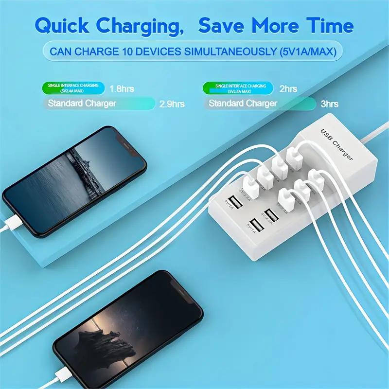 10-портовая USB-зарядная станция мощностью 50 Вт: Интеллектуальная защита от короткого замыкания и распределения питания для нескольких устройств