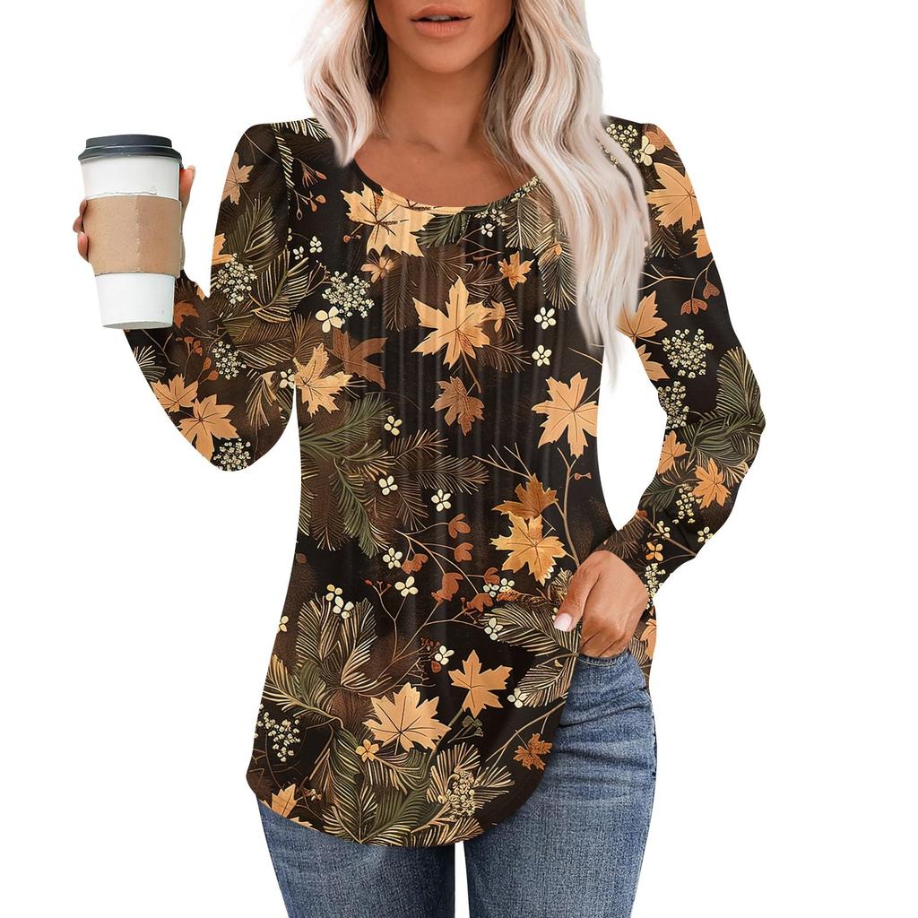 Long Sleeve Shirts For Women Tops Dressy Casual Blouses Pleated Scooped Neck Tunic Tops