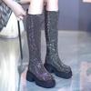 Блестящие Длинные Женские Сапоги На Плоской Подошве Платформа Модная Обувь Зимний Тренд Сапоги До Колена Новые Дизайнерские Элегантные Готические Женские Сапоги