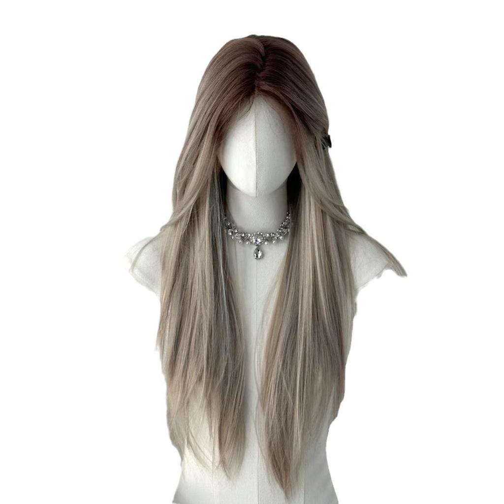 Азиатский длинный прямой парик на кружевной основе - Градиентное окрашивание, пробор посередине, полное покрытие головы, натуральный вид для женщин