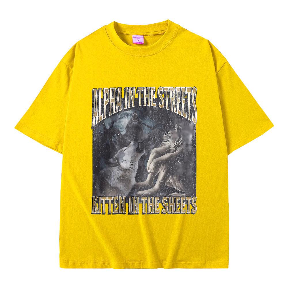 Альфа на улице, котенок в постели, смешная футболка с мемом про оборотня, мужская, женская, повседневная, оверсайз, уличная одежда, мужская модная футболка