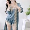 3pcs Pajamas Set Lounge Wear Full Slip Lace Wedding Bath Robe Shorts Suit Sexy Female Sleepwear Summer Satin Pijamas Home Wear