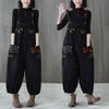 Women Spring Autumn Denim Jumpsuit Black Overall Multi-Pocket Vintage Print Elastic Waist Dungarees Female Loose Hip Hop Rompers