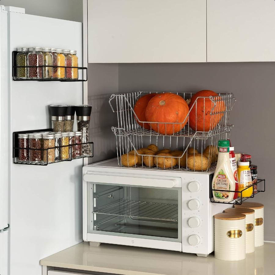 Прочная магнитная полка для специй для холодильника, большой размер, органайзер для экономии места, прочная полка для духовки, холодильника, 4 штуки, железо, черный