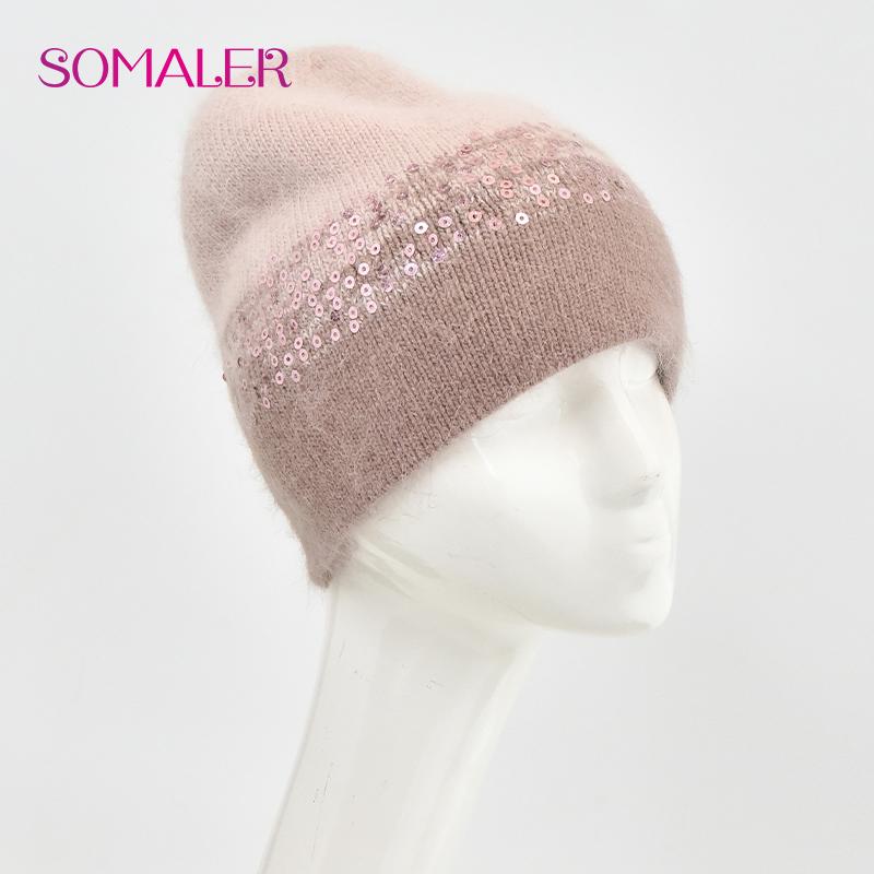 SOMALER Зимние шапки для женщин Теплая вязаная шапка из ангоры Модная шапка-бини с пайетками Толстая длинная шапка-ушанка из кроличьего меха