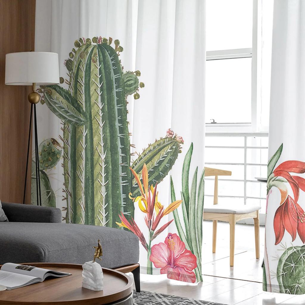 Идиллический кактус, тропические растения, тюлевые шторы для гостиной, прозрачные занавески для спальни, рождественские жалюзи, вуаль, шторы