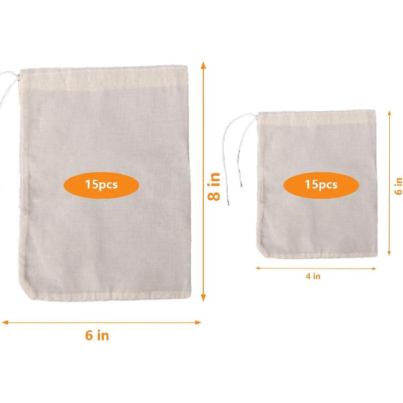 30 Pcs Natural Cotton Spice Bags for Cooking:4x6,6x8Reble Tea Filters with Drawstring, Ideal for Straining Soups, Herb Sachets & Cold Brew