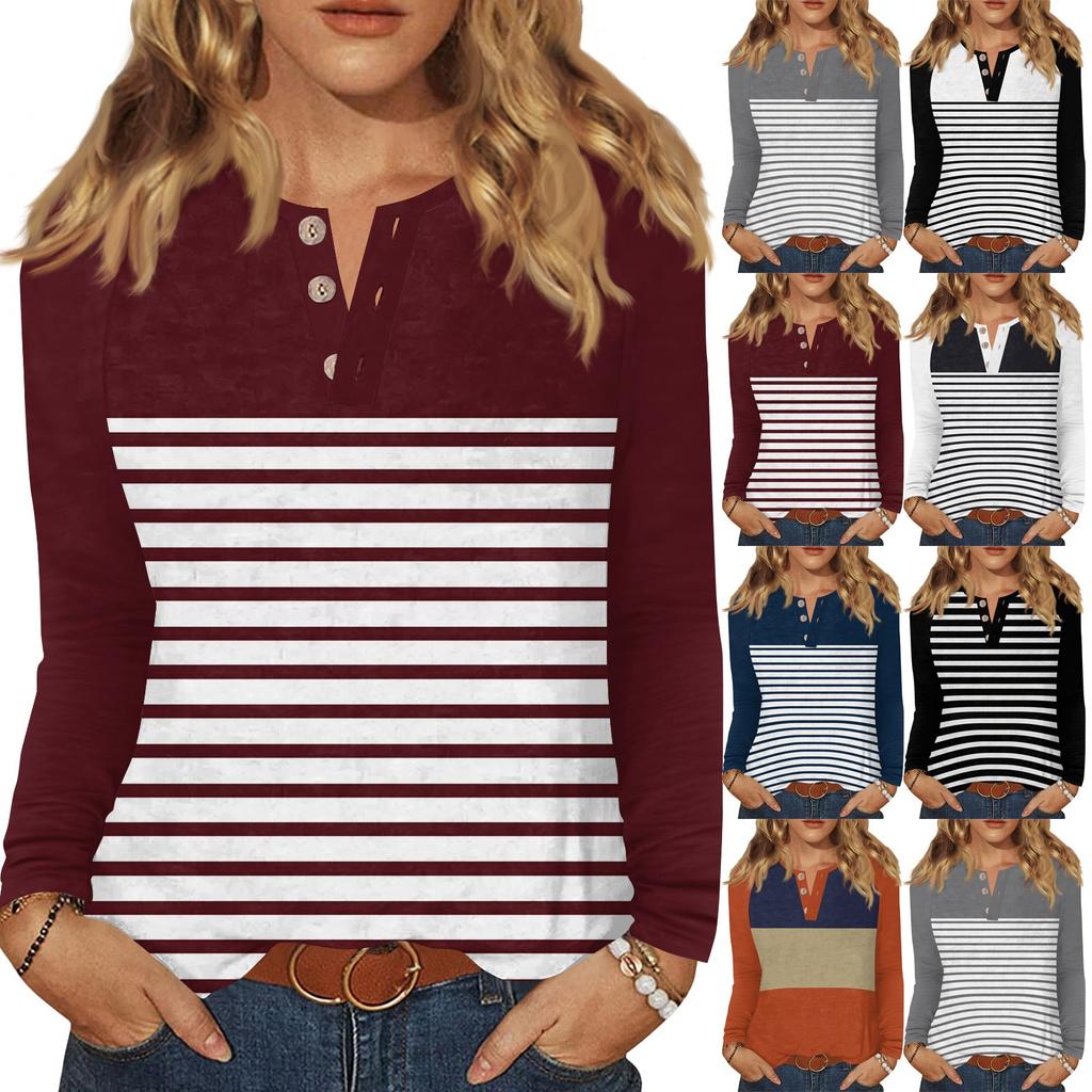 Женская футболка с принтом, на пуговицах, с длинным рукавом, повседневная, для выходных, модная, базовая, с V-образным вырезом, обычный топ