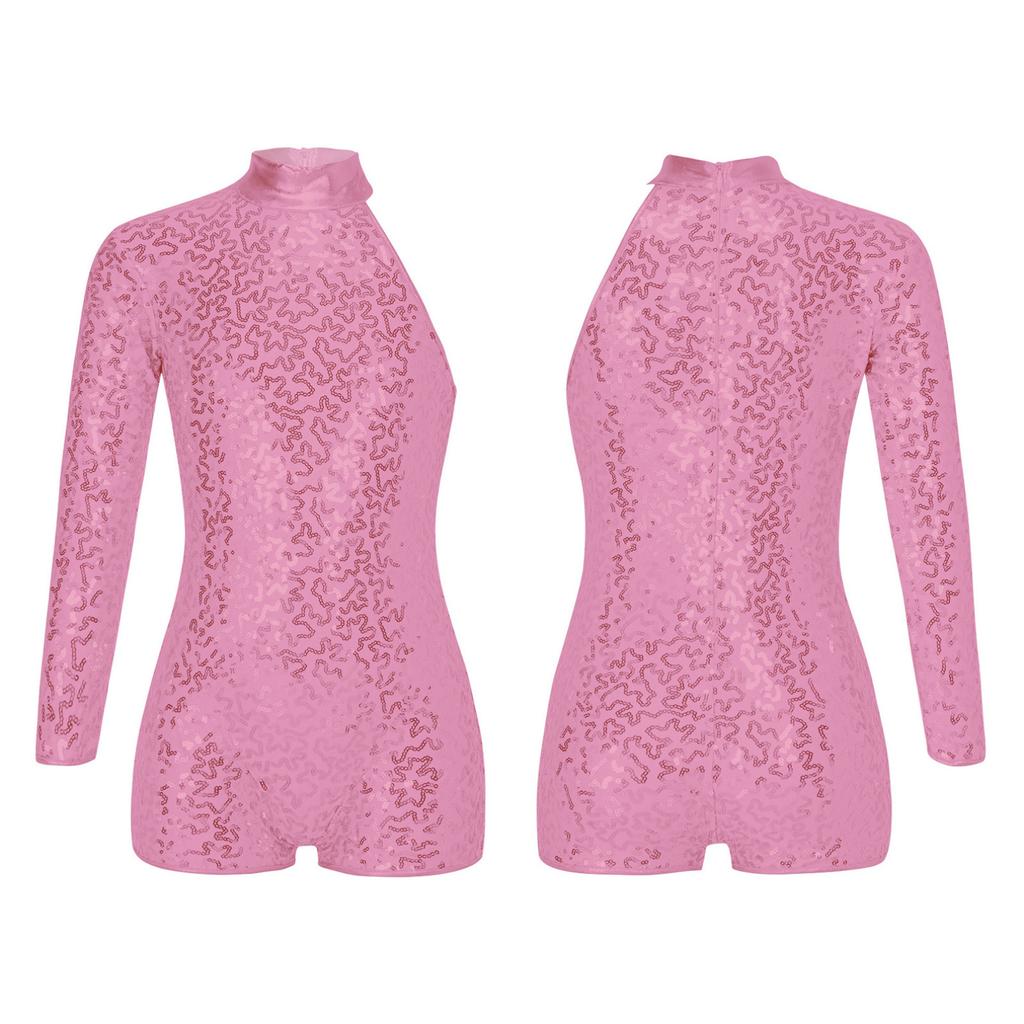 Kids Girls Sequins Single Long Sleeves Ballet Gymnastic Leotard Biketard Unitard Jazz Latin Dance Bodysuit Dancewear